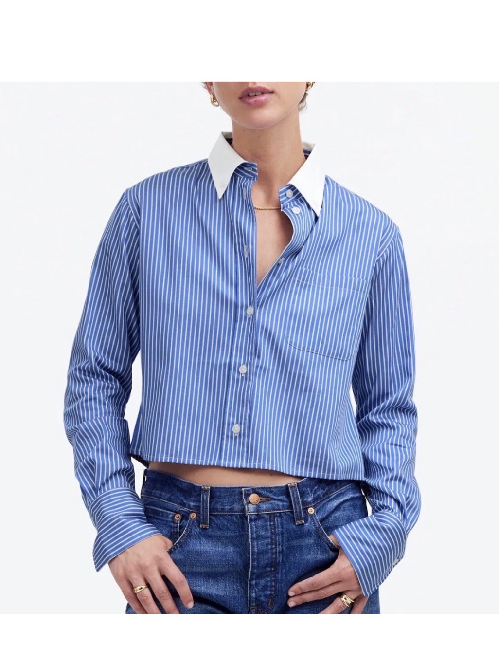 Madewell Cropped Button Up Blouse Top Nwt Blue Stripes Medium Msrp $92